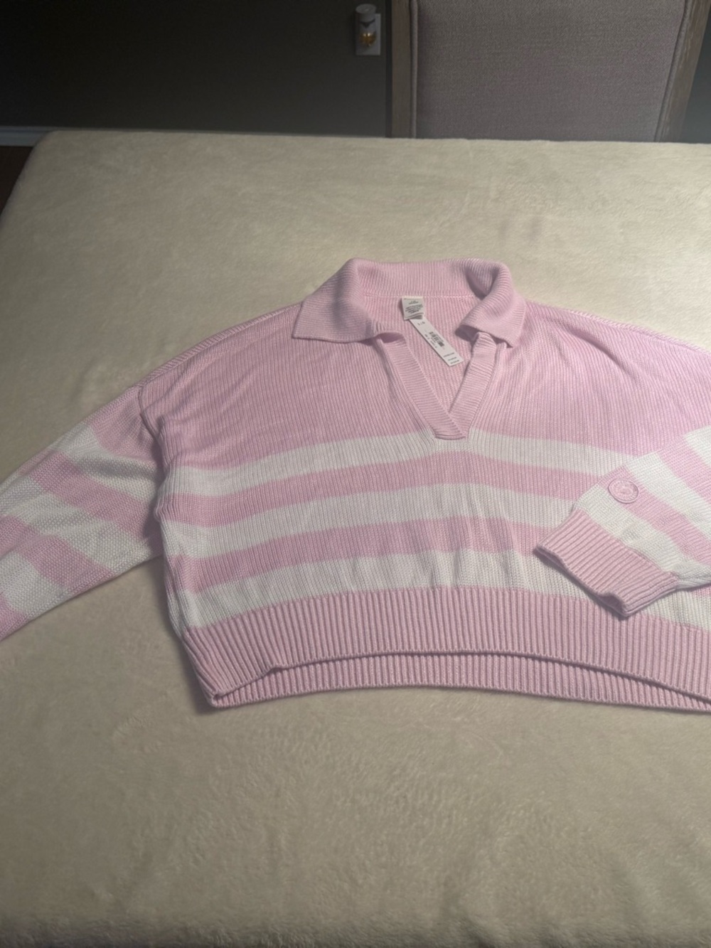 PINK Victoria's Secret Pink and White Striped V‑Neck Polo Sweater